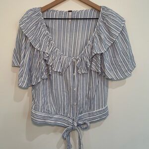 Free People Blue White Striped Ruffle Collar Tie Front Blouse Size M